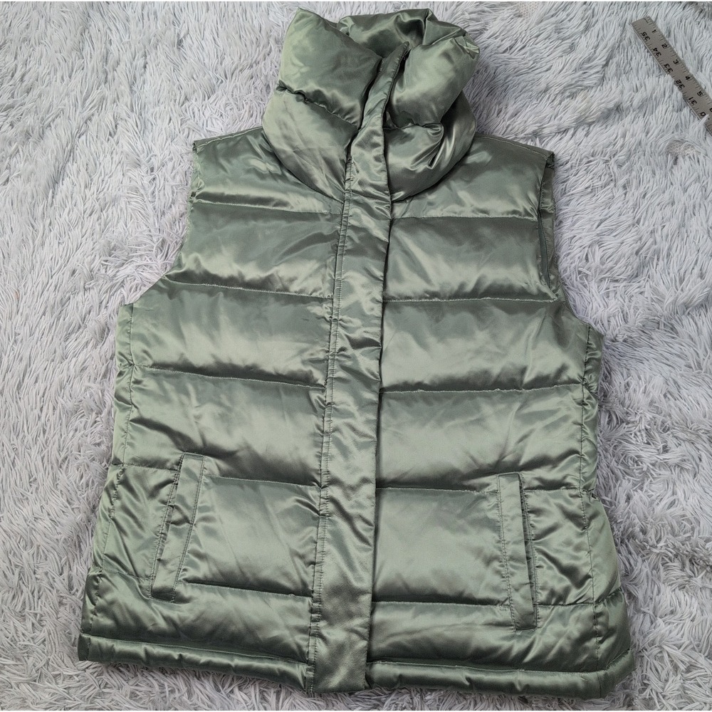 Talbots Vest Womens M Green Puffer Duck Down Feather Pockets Zip Up Warm Soft